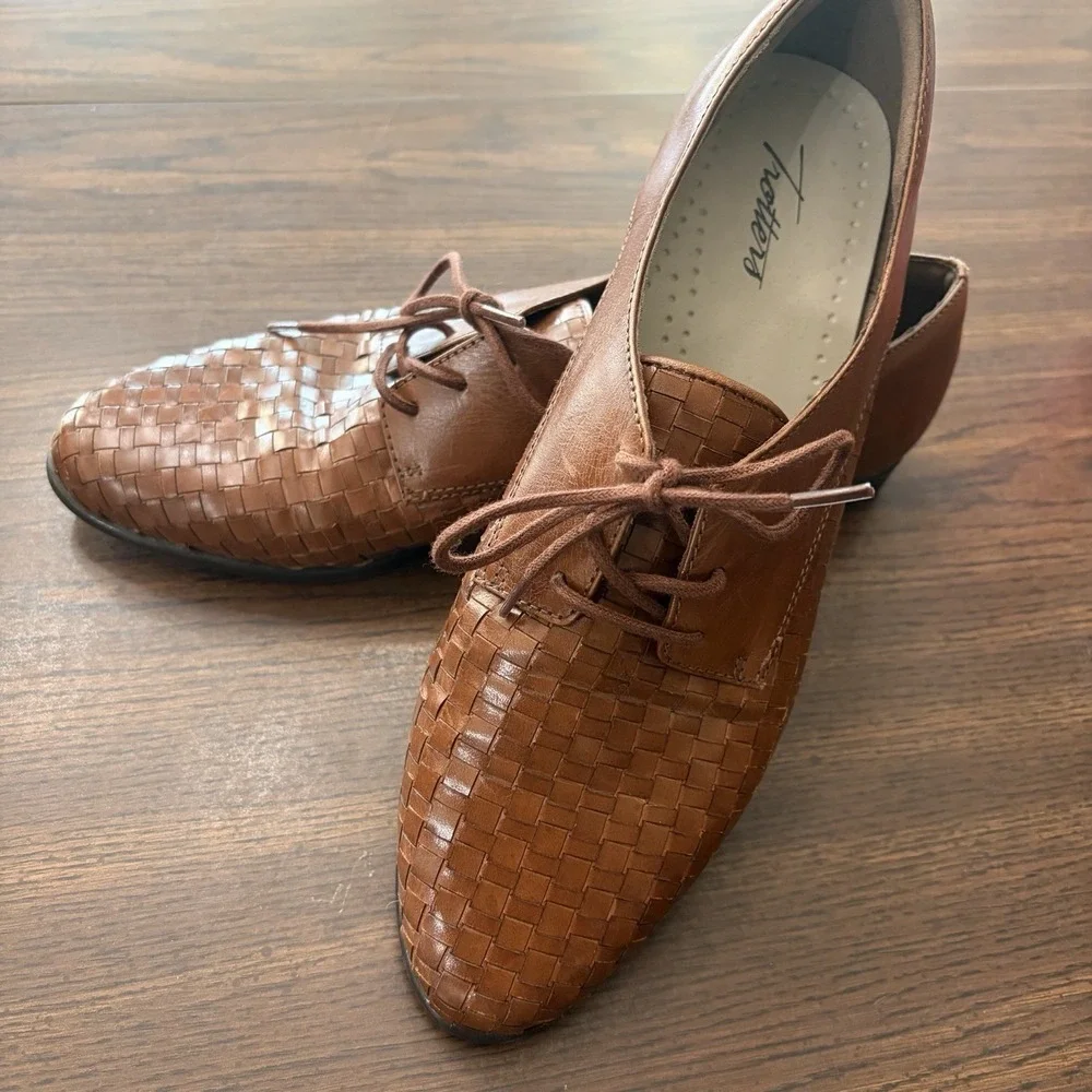 Trotters Women's Brown Woven Leather Oxford Shoes Size 10M Lace Up Preppy